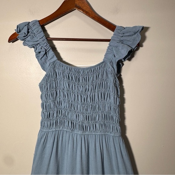 By the River Blue Smocked Tiered Dress Ruffle Straps Eyelet Detail Size Small - Picture 3 of 10